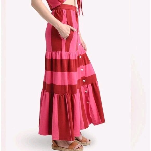 MDS Stripes Knit Tiered Button Front Maxi Skirt Size 2/M Pink Red Cotton Pockets - Picture 4 of 14